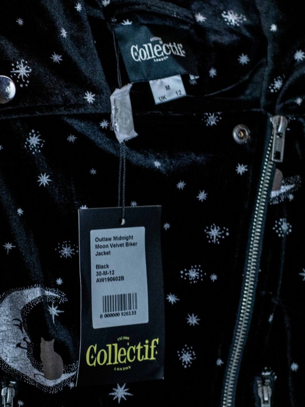 Collectif Black Velvet Midnight Moon Moto Jacket M - Picture 4 of 5